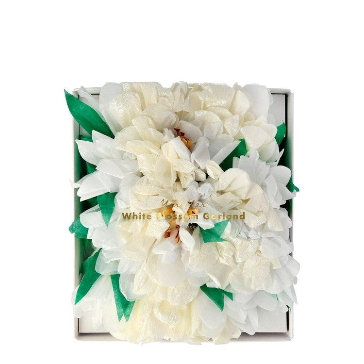 Wild Blossom Garland, 11 Foot White Floral Pennant by Meri Meri, Features 45 Tissue Flowers and Green Pennants with Gold Foil Details - Cohasset Party Supply