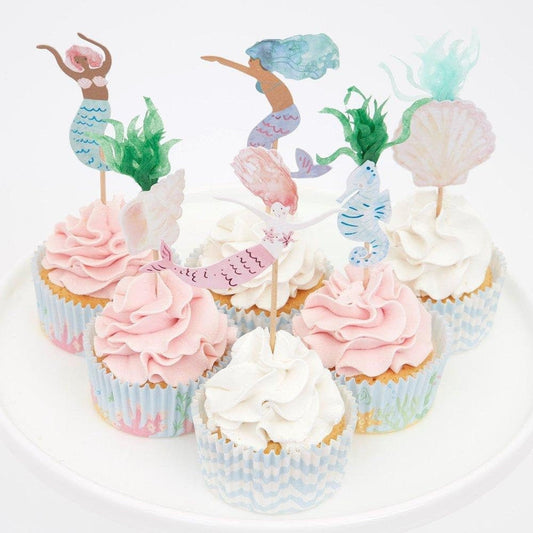 Mermaid Cupcake Kit, Includes 24 Cupcake Liners in 2 Styles and 24 Toppers in 6 Designs, Perfect for a Mermaid Party! - Cohasset Party Supply