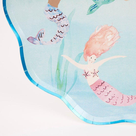 Large Mermaid Plates, Set of 8 Meri Meri Mermaids Swimming Plates with a Pink and Blue Foil Details, Great for Mermaid-Themed Party! - Cohasset Party Supply