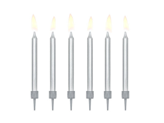 Silver Birthday Candles, Set of 6 Birthday Candles and Holders, 2.3" Tall - Cohasset Party Supply