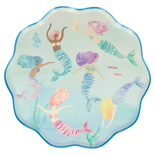 Large Mermaid Plates, Set of 8 Meri Meri Mermaids Swimming Plates with a Pink and Blue Foil Details, Great for Mermaid-Themed Party! - Cohasset Party Supply