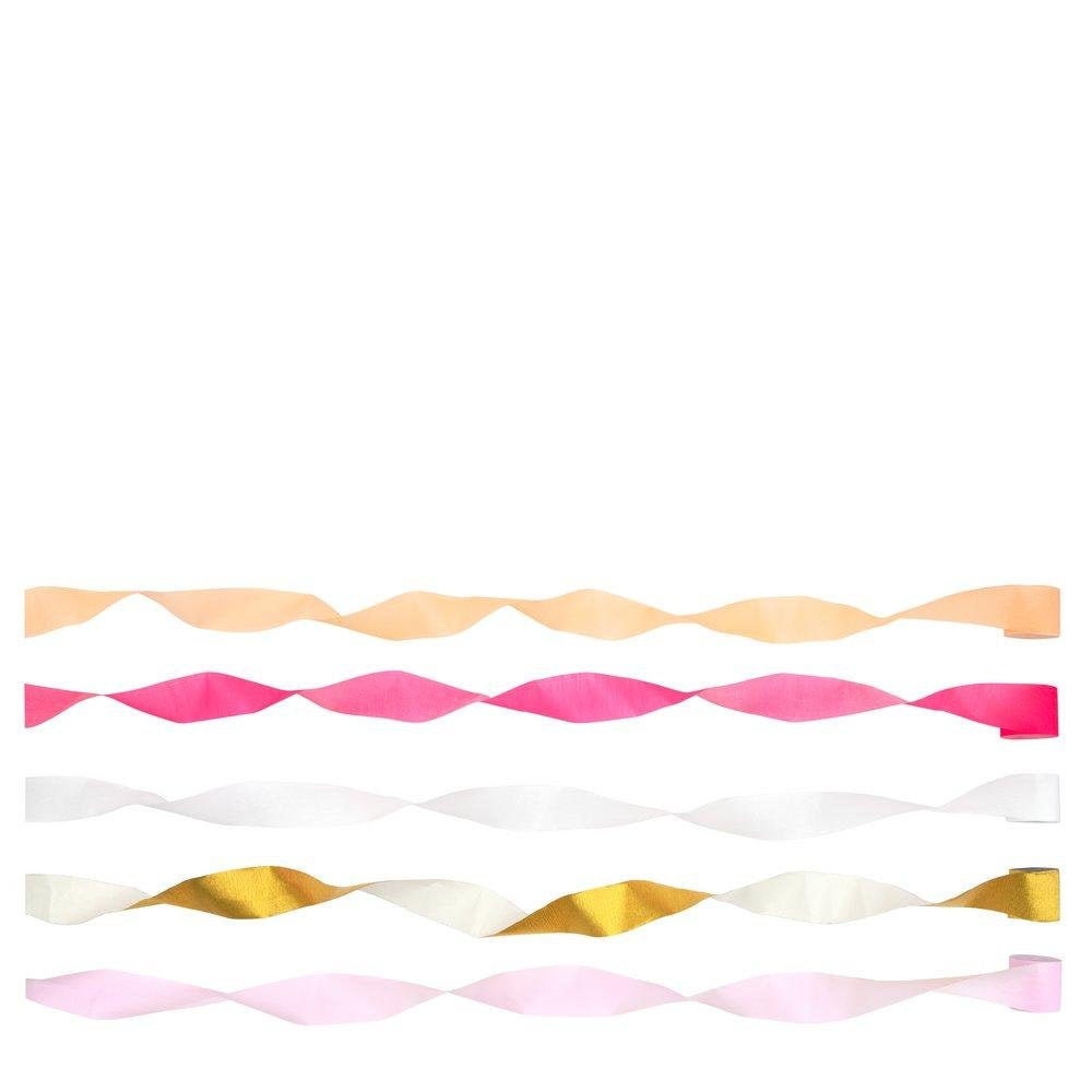 Pink Crepe Paper Streamers, Set of 5 Rolls of Pretty Pink and Gold Streamers by Meri Meri, Each Roll is 33" - Cohasset Party Supply