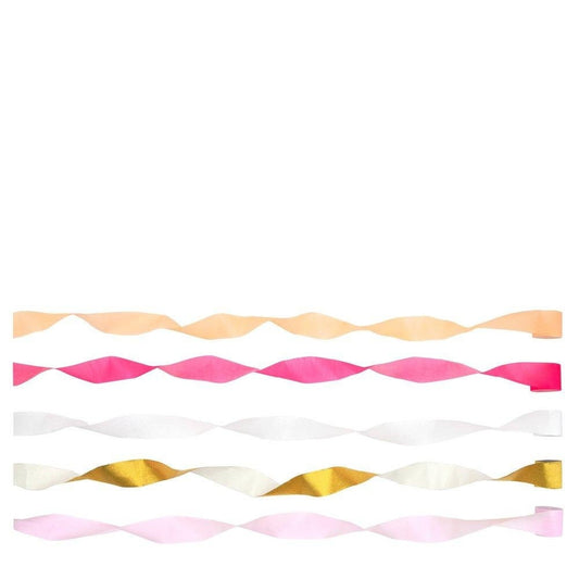 Pink Crepe Paper Streamers, Set of 5 Rolls of Pretty Pink and Gold Streamers by Meri Meri, Each Roll is 33" - Cohasset Party Supply