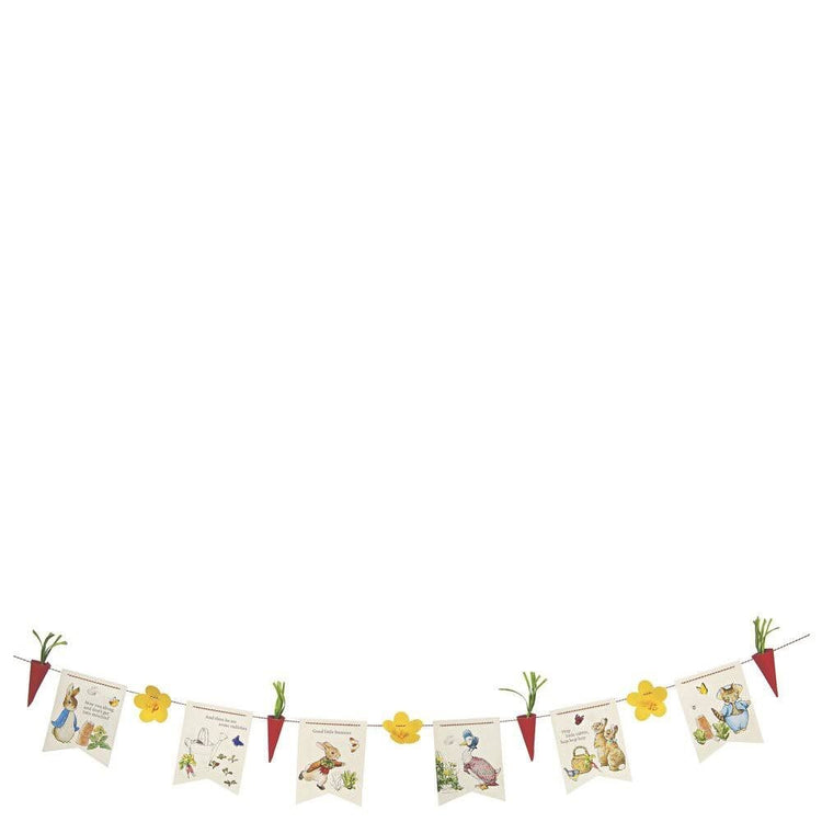 Peter Rabbit Garland, Includes 6 Flag Pennants, 3 Flower Pennants, 4 Paper Radishes, and Twine, 10 Feet Long - Cohasset Party Supply