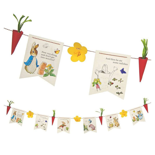 Peter Rabbit Garland, Includes 6 Flag Pennants, 3 Flower Pennants, 4 Paper Radishes, and Twine, 10 Feet Long - Cohasset Party Supply