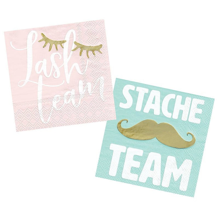 Gender Reveal Party Napkins, Set of 20 "Lash Team" and Set of 20 "Stash Team" Cocktail Napkins with Gold Foil Details - Cohasset Party Supply