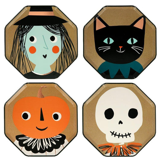 Halloween Paper Plates, Set of 8 Meri Meri Vintage Halloween Side Party Plates, Includes Black Cat, Pumpkin, Skull, and Witch Designs - Cohasset Party Supply