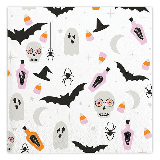 Halloween Cocktail Napkins, Set of 20 Halloween  Napkins with Ghost, Bat, Skull, Potion, Spider, and Candy Corn Design - Cohasset Party Supply