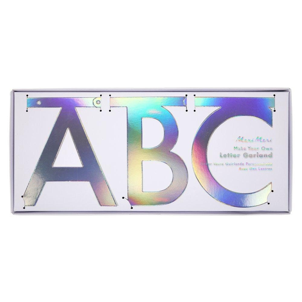 Silver Holograph Letter Garland Kit by Meri Meri, Includes 134 Letter Penants and 12 Feet of Cord - Cohasset Party Supply