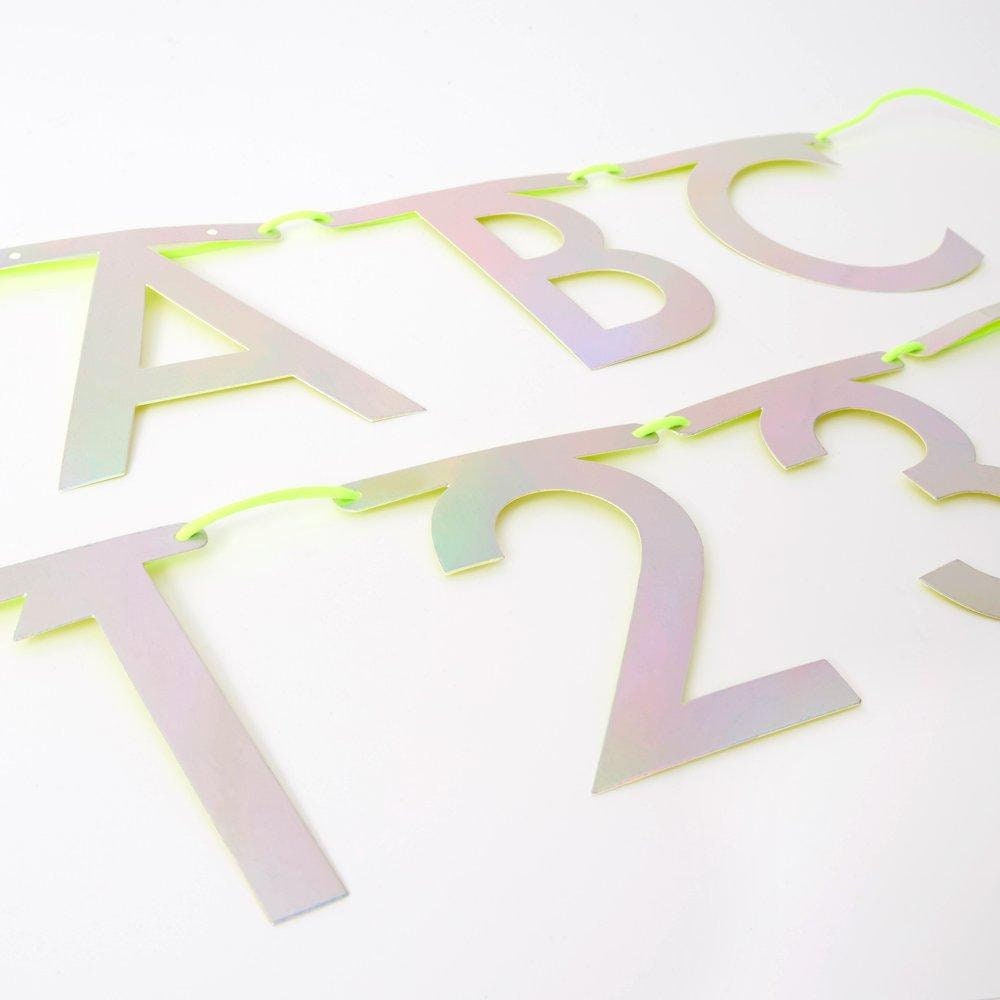 Silver Holograph Letter Garland Kit by Meri Meri, Includes 134 Letter Penants and 12 Feet of Cord - Cohasset Party Supply