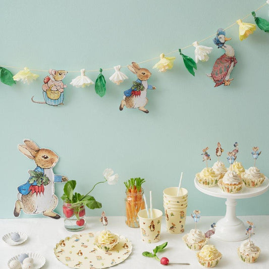 Peter Rabbit Garland, Includes 5 Peter Rabbit and Friends Characters and 6 Flower Pennants - Cohasset Party Supply