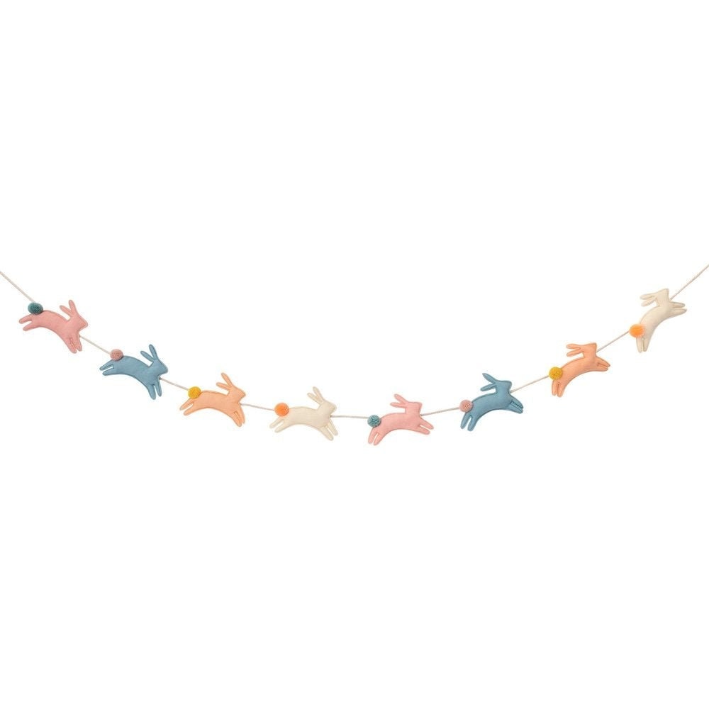 Felt Bunny Garland, 8 Padded Felt Hearts in 4 Pastel Shades by Meri Meri, 6.5 Feet Long (with 10.5 Feet of Cord) - Cohasset Party Supply