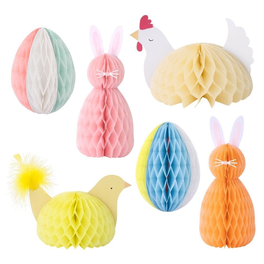 Easter Honeycomb Decorations, Set of 6 Meri Meri Pastel Honeycomb Decorations Including Bunnies, Eggs, a Hen, and a Chick - Cohasset Party Supply