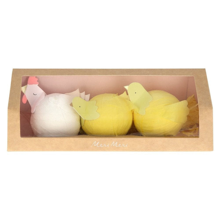 Hen & Chicks Surprise Balls, Set of 3 Easter Surprise Balls that Unwrap to Reveal Adorable Easter Toys and Jokes by Meri Meri - Cohasset Party Supply