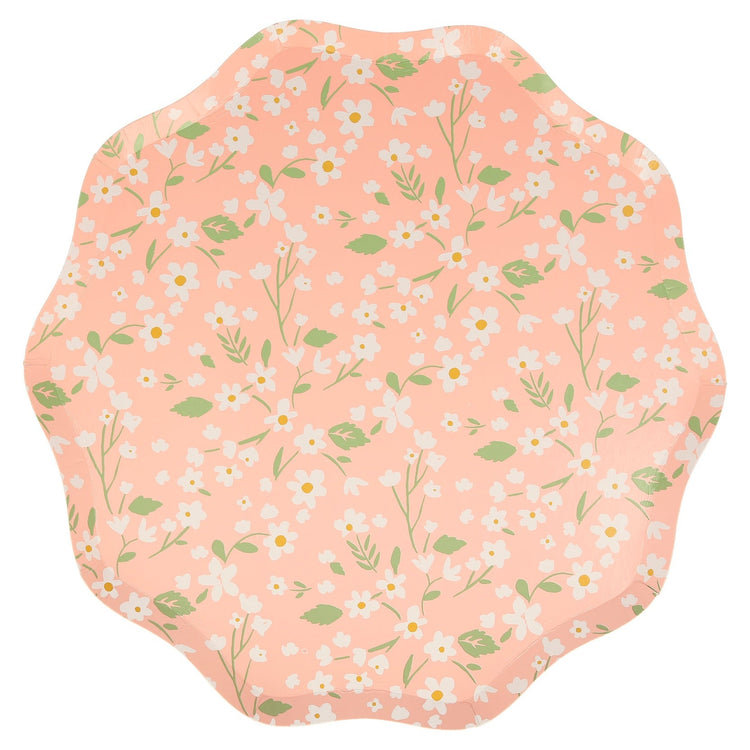 Ditsy Floral Dinner Plates, Set of 12 Large Floral Paper Plates in 4 Different Colors with Scallop Edging by Meri Meri - Cohasset Party Supply