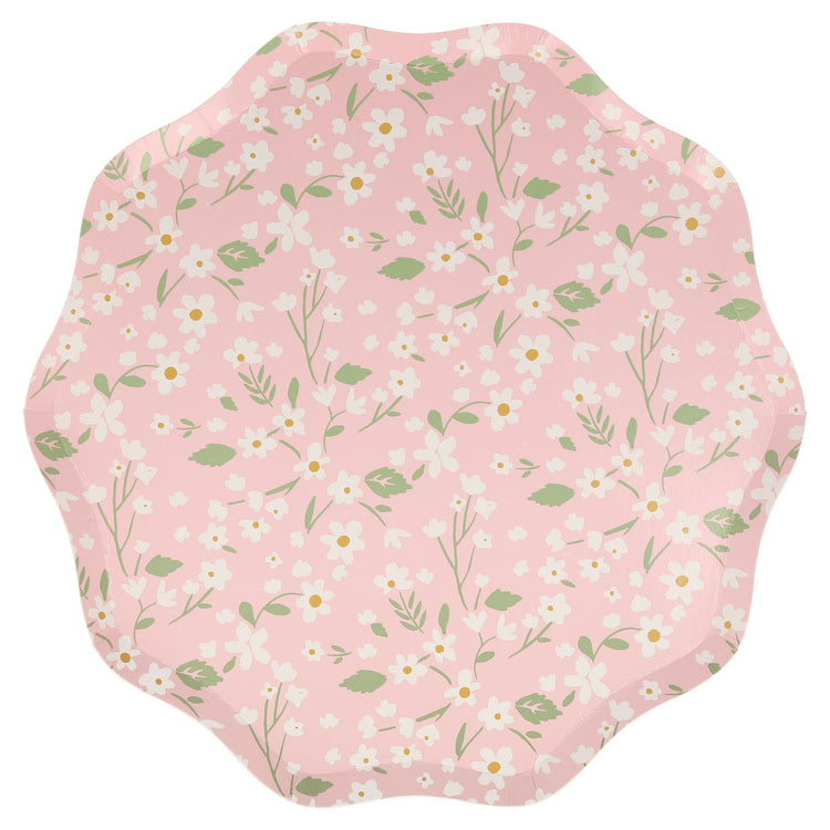 Ditsy Floral Dinner Plates, Set of 12 Large Floral Paper Plates in 4 Different Colors with Scallop Edging by Meri Meri - Cohasset Party Supply