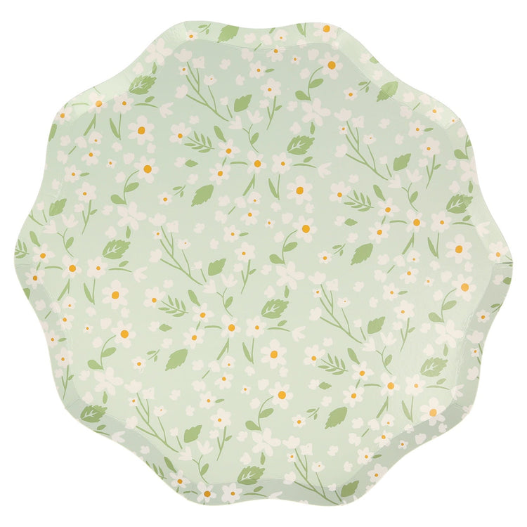 Ditsy Floral Dinner Plates, Set of 12 Large Floral Paper Plates in 4 Different Colors with Scallop Edging by Meri Meri - Cohasset Party Supply