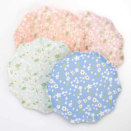 Ditsy Floral Dinner Plates, Set of 12 Large Floral Paper Plates in 4 Different Colors with Scallop Edging by Meri Meri - Cohasset Party Supply