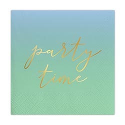 Party Time Cocktail Napkins, Set of 20 Party Napkins with Gold Foil Lettering and Ombre Blue/Green Shading - Cohasset Party Supply