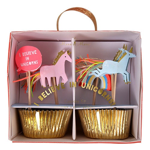 I Believe in Unicorns Cupcake Kit by Meri Meri, Includes 24 Cupcake Liners in Gold Foil and 24 Toppers in 4 Rainbow and Unicorn Styles - Cohasset Party Supply