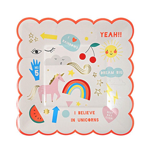 Rainbow & Unicorn Small Plates, Set of 8 Colorful Small Unicorn and Rainbow Square Plates with a Scallop Edge, By Meri Meri - Cohasset Party Supply