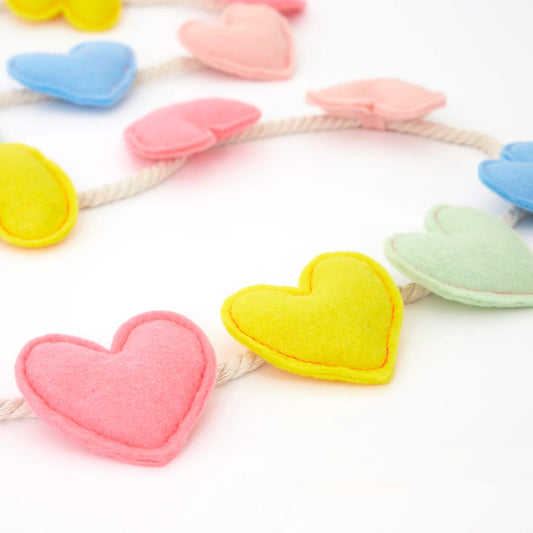 Felt Heart Garland, 15 Padded Felt Hearts in 5 Pastel Shades by Meri Meri, 6 Feet Long (with 10 Feet of Cord) - Cohasset Party Supply