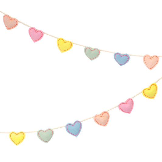 Felt Heart Garland, 15 Padded Felt Hearts in 5 Pastel Shades by Meri Meri, 6 Feet Long (with 10 Feet of Cord) - Cohasset Party Supply