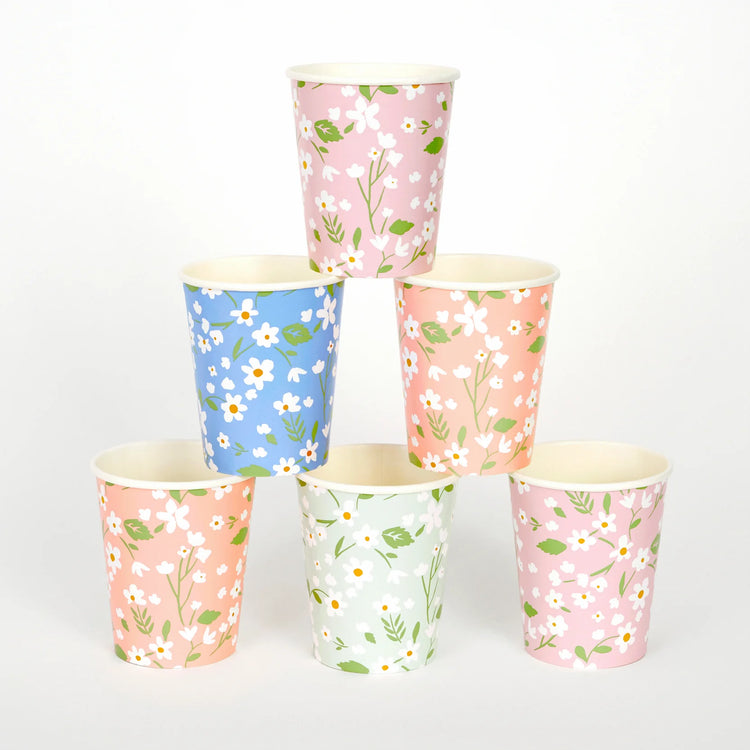 Ditsy Floral Cups, Set of 12 Large Floral Paper Cups in 4 Different Colors by Meri Meri - Cohasset Party Supply