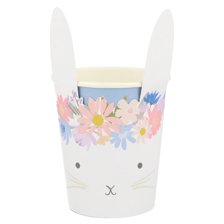 Spring Floral Bunny Cups, Set of Cups with Adorable Bunny Sleeve by Meri Meri, Gold Foil Detailing - Cohasset Party Supply