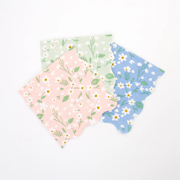 Ditsy Floral Small Napkins, Set of 20 Small Floral Paper Napkins in 4 Different Colors with Scallop Edging by Meri Meri - Cohasset Party Supply