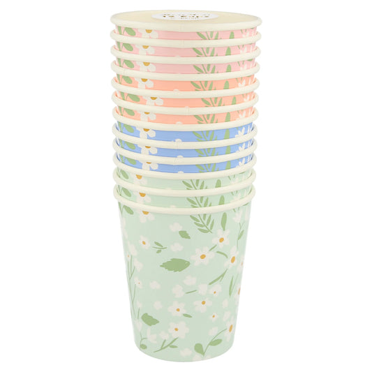 Ditsy Floral Cups, Set of 12 Large Floral Paper Cups in 4 Different Colors by Meri Meri - Cohasset Party Supply