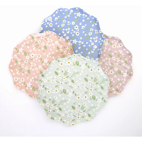 Ditsy Floral Side Plates, Set of 12 Small Floral Paper Plates in 4 Different Colors with Scallop Edging by Meri Meri - Cohasset Party Supply