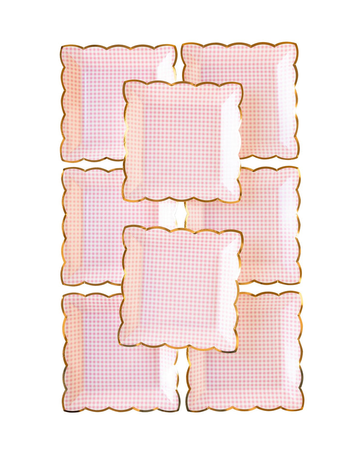 Pink Gingham Plate, Set of 8 Square Scallop Pink Pastel Paper Plates for Easter or a Spring Celebration - Cohasset Party Supply