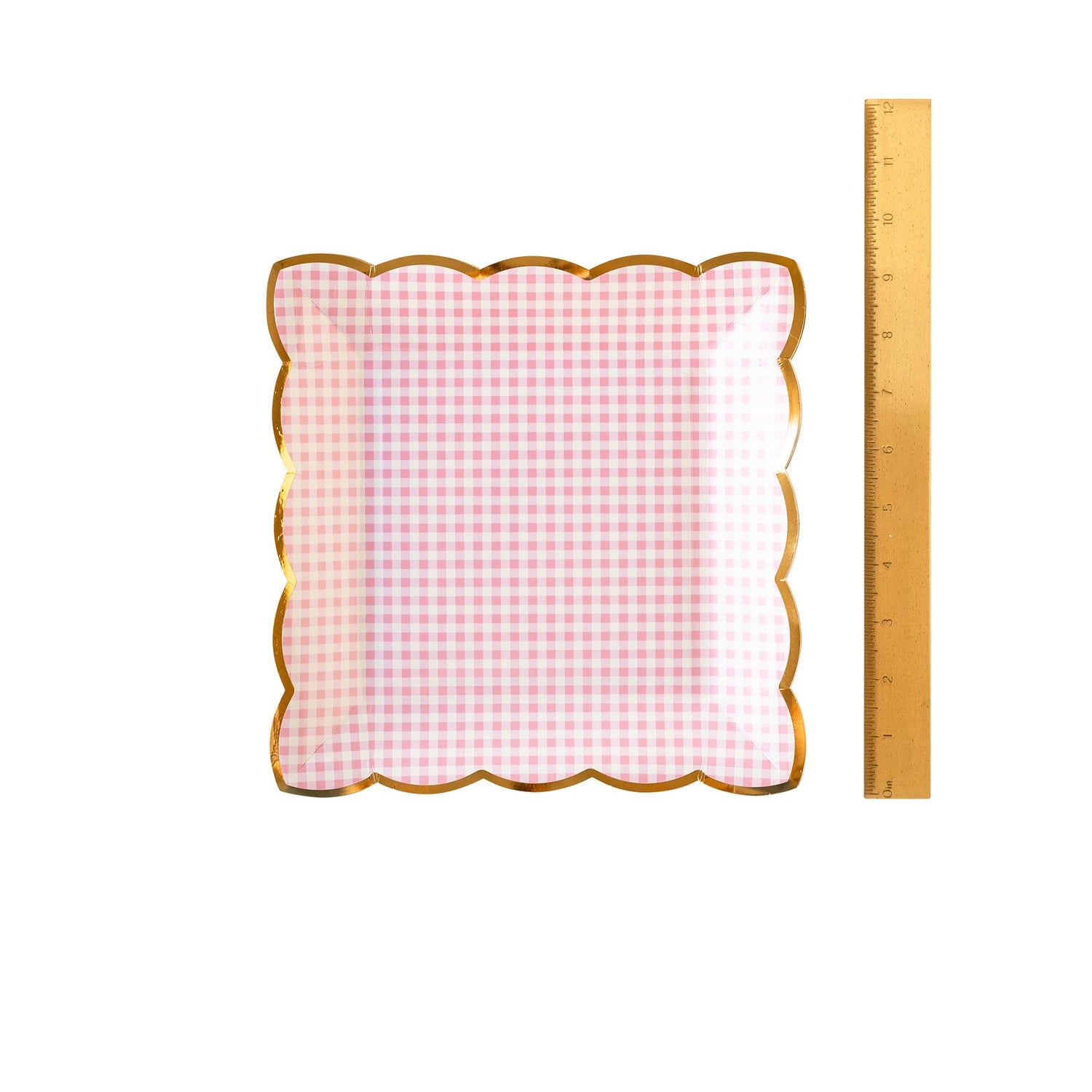 Pink Gingham Plate, Set of 8 Square Scallop Pink Pastel Paper Plates for Easter or a Spring Celebration - Cohasset Party Supply